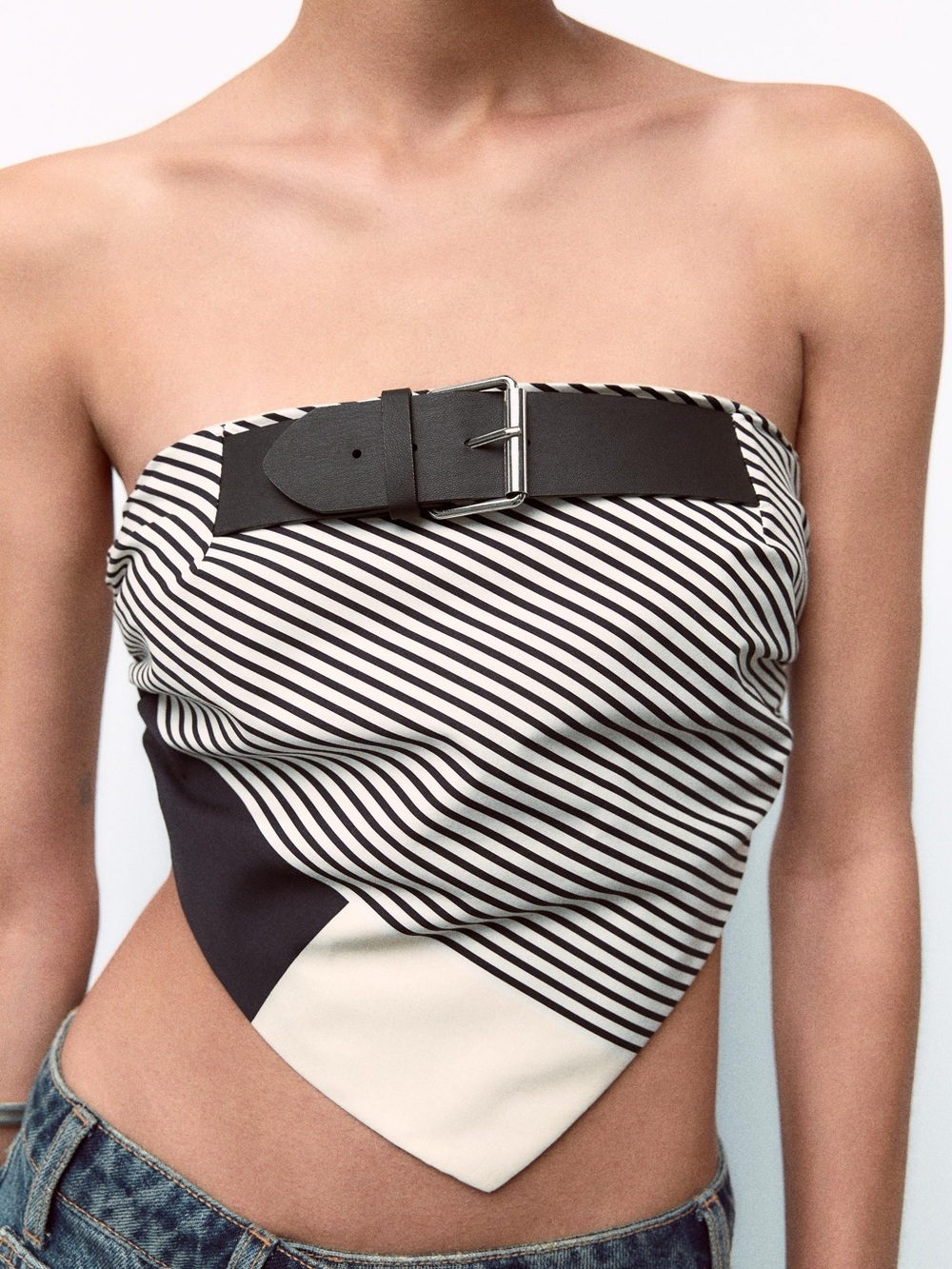 ZARA Belted Striped Black & White Bandeau Top Black White Grey Poplin Sz Medium